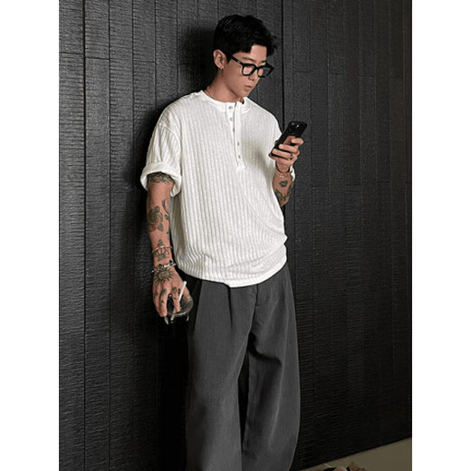 Du Xiaoxian old money style Henry collar short-sleeved polo shirt men's summer textured knitted striped t-shirt cleanfit half-sleeved white XL recommended 120-140Jin Jin equals 0.5 kg