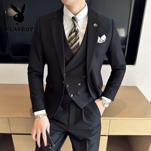 Playboy (PLAYBOY) high-end suit suit, men's groom's wedding dress, men's slim suit, business commuter suit, British style three-piece suit, dark green suit + trousers + vest 2XL