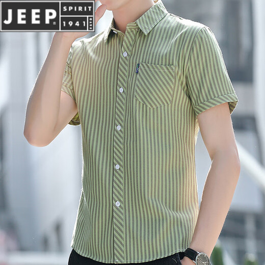 JEEP SPIRIT summer short-sleeved shirt for men, fashionable, casual, slim and handsome, with pocket-wearing trendy men's shirt striped inch shirt HST-838 yellow M (80-108Jin[Jin equals 0.5 kg])