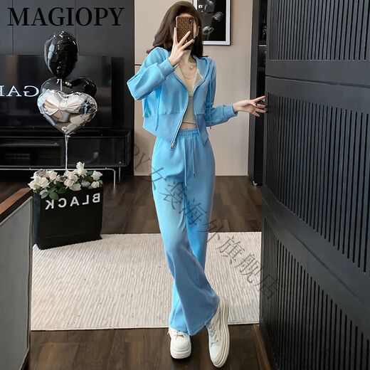 MAGIOPY国际奢侈高档品牌盐系炸街休闲运动套装女装春季洋气蓝色短款外套 蓝色两件套 S(100斤以内)