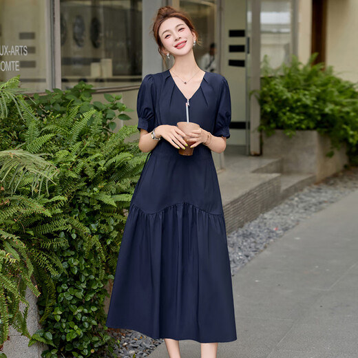 AEMAPE时尚纯棉短袖连衣裙女2025夏季新款半拉链V领气质收腰抽褶大摆裙 藏青色  3XL 建议135-150斤