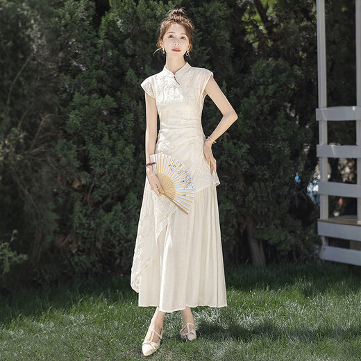 Silk Cypress Stand Collar Vestido 2025 Summer NUEVO TEMPERAMENTO DE Ropa para mujeres Bordado a la línea A-línea Irregular falda
