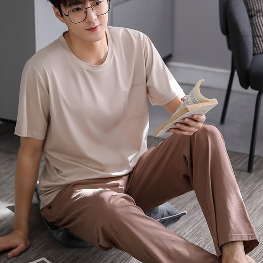 Modal men's pajamas spring and summer thin short-sleeved trousers suit spring and summer teenagers large size home clothes can be worn outside LS2679 short long 5XL male recommendation 200-220Jin Jin equals 0.5 kg