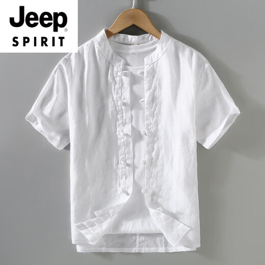 JEEP SPIRIT复古中国风夏季亚麻上衣唐装男立领薄款短袖棉麻衬衫中式盘扣衬衣 1047白色 M