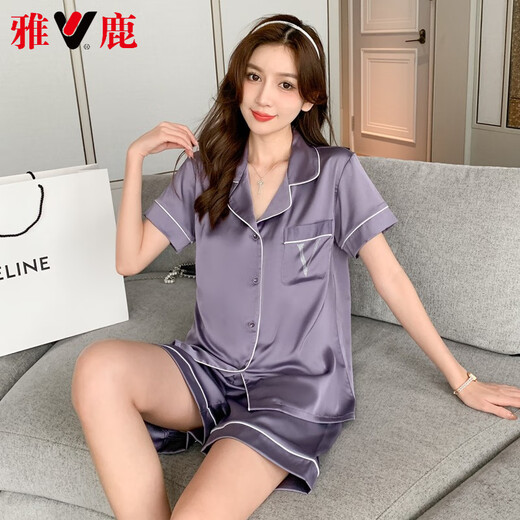 Yalu High-End-Shortsleeved Shorts Pyjamas Damen Seide Neue Sommer Satin Anzug Dünne Freizeitkleidung 3899 Hellgrau M (Gewicht 85 bis 99)