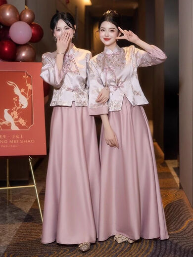 New Chinese bridesmaid dress pink 2025 new long-sleeved sister group cheongsam engagement dress daily wearable in autumn and winter Pink-Crane Gold-A Style L 100-110Jin Jin equals 0.5 kg
