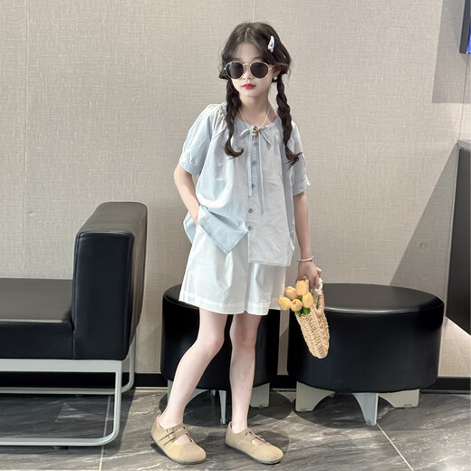 MOKITOUL女童夏季套装2025新款儿童洋气娃娃衫夏装女大童短裤衬衫两件套潮 蓝色套装（高端礼盒包装） 120 cm