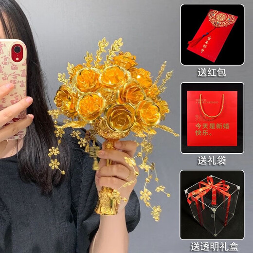 Cup Horse Chinese Style Bride Hochzeit Halten Blumen Golden Rose Hochzeit Geschenk Hochzeit Handgefertigte DIY XIUHE GESCHINNEN Best Freund Thorn Rose --- Fertiges Produkt + transparente Geschenkbox + Geschenktüte