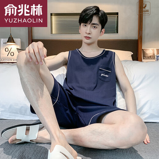 俞兆林（YUZHAOLIN）品牌男夏季无袖背心棉质薄款青中年男士短袖加大码简约家居服套装 9922 L 男士(建议100-130斤)