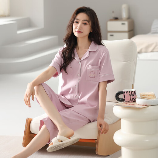 澳颜莱2025新款睡衣女夏季薄款棉短袖七分裤家居服女士夏天可外穿套装 9892# M 【建议80-斤】