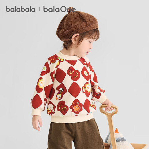 Bala BalaOne children's clothing children's sweatshirt baby 2025 new winter clothing plus velvet casual printed tops white and red tone 00316 90