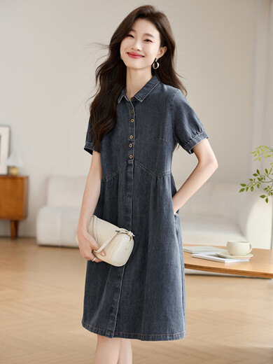 TJQ Robe de denim de marque haut de gamme de luxe pour femmes 2025 Été Nouveau tempérament de la mode Collier décontracté mince et à la mode Blue Grey M Recommandé 115 Jin [Jin est égal à 0,5 kg]