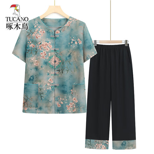 
Woodpecker Summer New Mom Short Sleeve Suit Old Man Clothes T6626 Green [Set] XL Recommended 80-100Jin [Jin equals 0.5 kg]