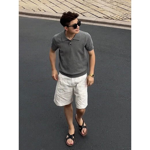 XUEDEYA old money style Henry collar knitted Polo shirt cotton and linen blended shorts boys summer wear handsome suit floral gray M (suitable for 100-115 Jin Jin equals 0.5 kg)