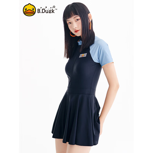 B.Duck新品泳衣女显瘦遮肚连体裙式长袖新款感保守防晒学生游泳衣 1049蓝色 L