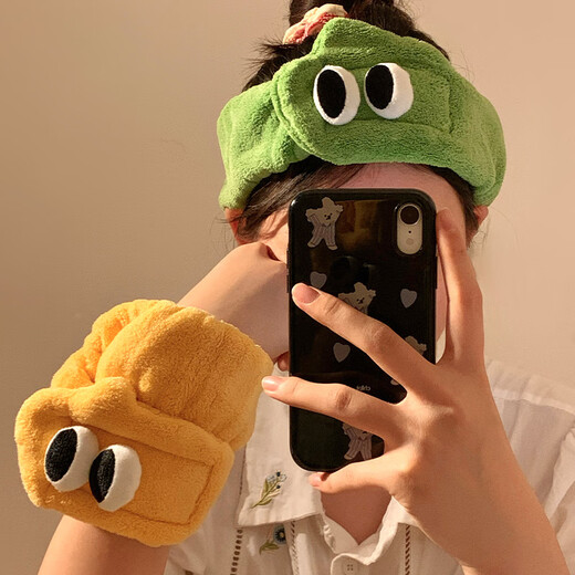Cute big-eyed face wash headband for women to apply facial mask and wash, special cartoon plush headband winter headband headgear, relax-yellow elastic