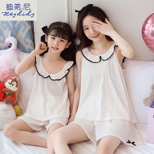 Dididy Parent-Kind-Pyjama Mutter und Tochter Baumwolle Gaze Sommer Dünnes Mädchen modal mittlere Kinder Heimkleidung Hosenteil Rock A5 11301 Milch Aprikose 170 10 (Höhe 106-115 cm/35jin [Jin gleich 0,5 kg]