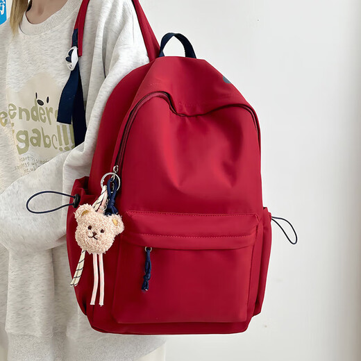
2025 College Style Ins Backpack Lightweight Letters College Students' School Bag Simple Daily Commuter Large Capacity Backpack Red + Pendant