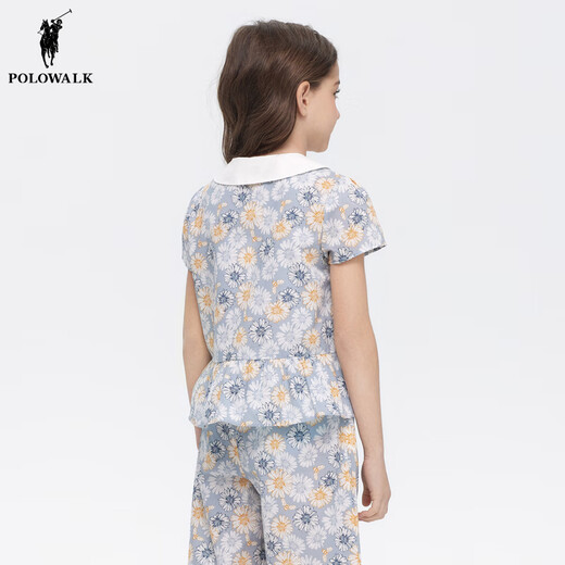 POLOWALK 100% cotton children's clothing girls short-sleeved shirt 2025 summer new printed versatile top blue 120