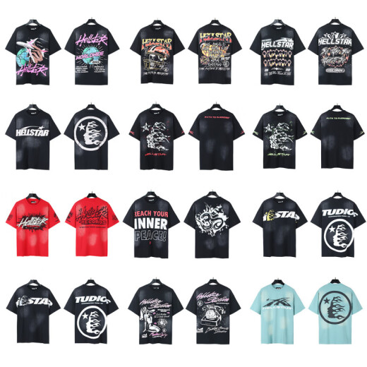 
WALKING BEAUTY Cross-border Wholesale Beauty Trend Hell Hell Star T-Shirt Print Pure Cotton Men and Women Summer Loose Short Sleeve T-Shirt 3895 Washing Black S