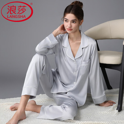 浪莎（LangSha）轻奢冰感女款睡衣冰长袖家居服女春秋款夏季新款真丝薄款 深豆沙粉3899 XL (体重115斤到125斤)