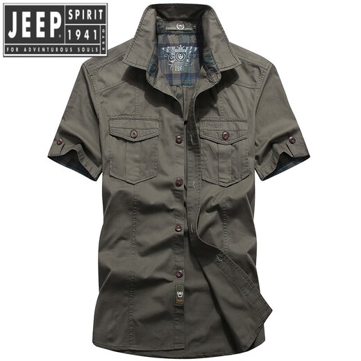 JEEP SPIRIT夏季新款水洗短袖衬衫休闲宽松大码半袖中青年纯棉工装衬外套衣潮 波霸1391豆绿 XL