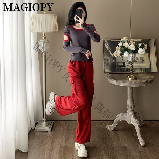 MAGIOPY国际奢侈高档品牌欧货炸街休闲运动套装女2025春季设计感长袖上衣 灰色上衣+红色裤子 S(100斤以内)