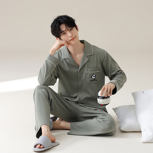 
100% pure cotton men's pajamas spring and autumn lapel long sleeve trousers cotton suit for middle-aged and young people loose to go out T16803 men's style [long sleeve + trousers] XL [120-140Jin[Jin equals 0.5 kg]]