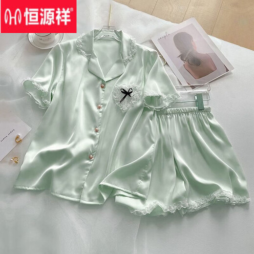 Hengyuanxiang pijama de seda de hielo para mujeres en verano estilo princesa de manga corta set de ropa para el hogar sexy encaje 2025 nuevo verano lindo yx9201 abierto/camiseta doble mascota corta gato m 80-100Jin [Jin iguala 0.5 kg]