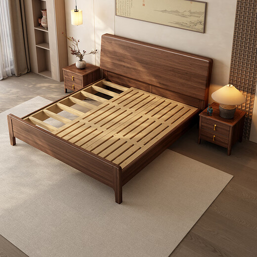 Small wooden nest bed black walnut solid wood bed medieval style master bedroom 1.8 meters double bed modern simple large bed wedding bed bed (three-section bed board) 1.5 meters