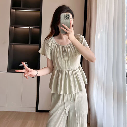 恒源祥网红休闲短袖套装女2025夏季宽松遮肉设计感褶皱上衣阔腿裤两件套 黑色 XL 【建议115-130斤】