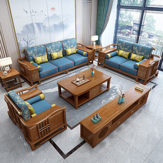Nr. 1 Haoting Massives Holzsofa Wohnzimmer Neue chinesische Möbel Kleine Einzel- und Doppel-Dreifach-Sofa 2025 Neues Modell 9906# SaTenstoff vier Personen + Imperial Couch [Rahmen] Baumwolle und Linienstoff