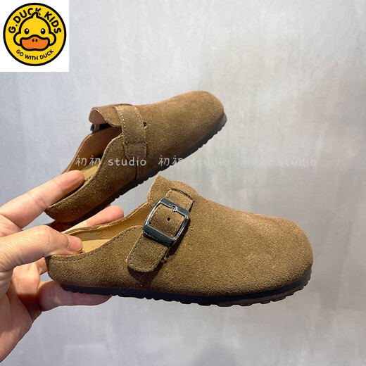 G.duck genuine leather Korean style children's Birkenstock half slippers for outer wear spring and autumn girls' toe-cap soft-soled slippers baby boys' leather slippers camel color is too small, it is recommended to go up one size 26 (inner length 16.5CM)