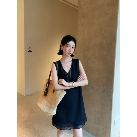 里外2025夏季韩系V领下摆蕾丝拼接欧根纱无袖连衣裙女15052 蓝色 M
