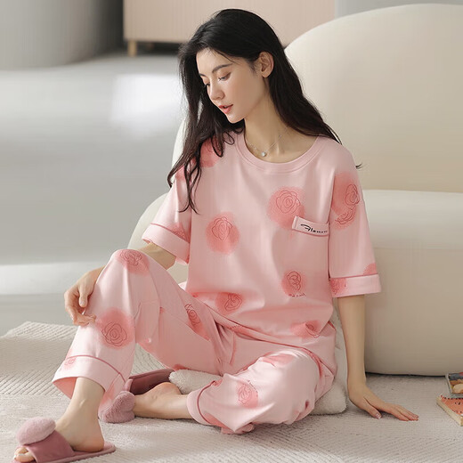 都市丽人夏季睡衣女士纯棉薄款短袖长裤学生可爱韩版套装春秋天宽松家居服 y9715 M 码建议75-95斤