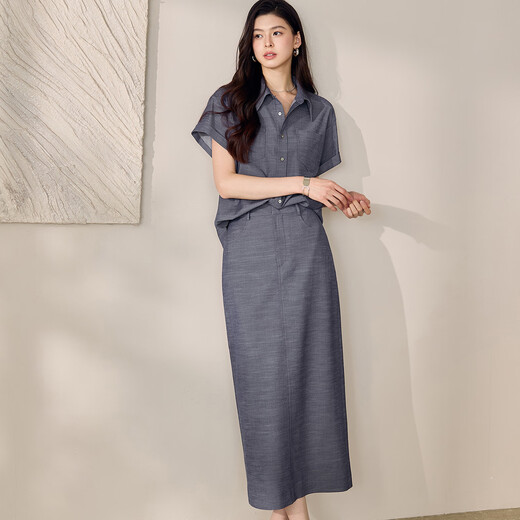 Roeyshouse Luoyi Camisa retro casual Traje 2025 Summer NUEVA FALLA COLOR SOLID SOLIDO SET DOS PIEZAS 12398 Denim Azul 2xl