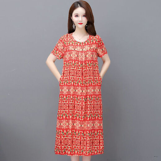 Hanqing Zhongsu Summer Floral Cotton Silk Robe Fomen in Women's Summer Round Coul Round Style Co dans la mode de grande taille de grande taille du tempérament d'âge moyen 9923 Modèle n ° 3 XL (Recommandé 90jin [Jin est égal à 0,5 kg] -120jin [Jin est égal à 0,5 kg]))