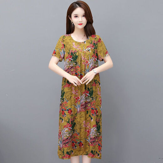 Hanqing Zhongsu Summer Floral Cotton Silk Robe Fomen in Women's Summer Round Coul Round Style Co dans la mode de grande taille de grande taille du tempérament d'âge moyen 9923 Modèle n ° 3 XL (Recommandé 90jin [Jin est égal à 0,5 kg] -120jin [Jin est égal à 0,5 kg]))