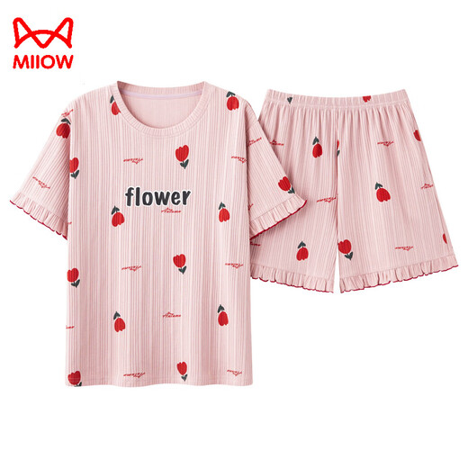 Cat Man Pajamas for Women in Summer Pure Cotton Lindo estilo universitario de estilo universitario de estilo corto de manga corta de dos piezas que se puede usar ropa de casa fuera de GXT-6630 L (recomendado 95-110Jin [Jin es igual a 0,5 kg])