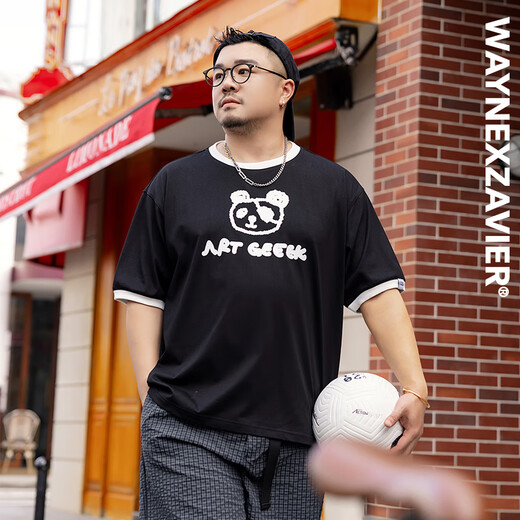 韦恩泽维尔 WAYNEXZAVIER250g韦恩泽维尔加大宽松大码男夏圆领撞色包边卡通印花T恤9195 黑色 2XL(160斤-210斤) 均码
