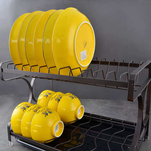 CG Weishan double-layer dish rack large-capacity plate storage rack kitchen countertop storage dish drainer rack with floor-to-ceiling gun black 320 double-layer dish rack