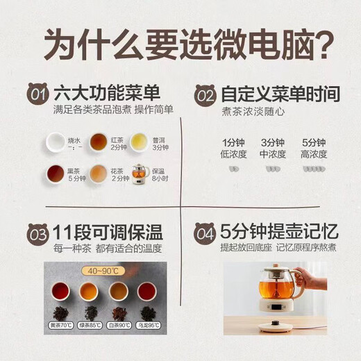 Bear tea maker spray type household fully automatic steam spray tea kettle health pot tea kettle thickened glass tea steamer brewing tea kettle brewing scented tea black tea Pu'er tea off-white ZCQ-A10W5 365 days for replacement 1L