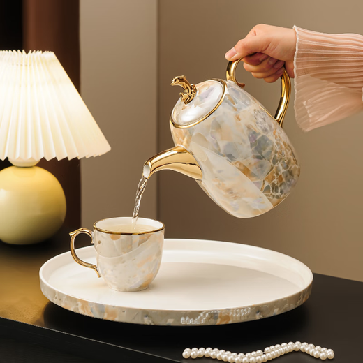 Yanze Light Luxury Wedding Gifts Wedding Gifts for the Couple Tea Set Glass Cup Ceramic Cup Housewarming Gift Swan Stone Pattern Eight-piece Set-Gift Box