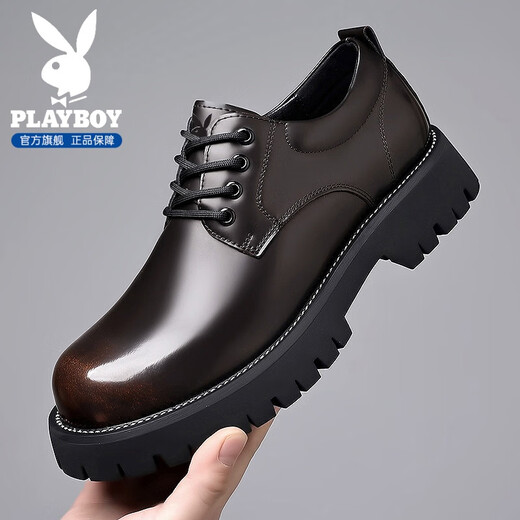 花花公子皮鞋男鞋牛皮2025秋冬季新款商务休闲正装英伦增高德比皮鞋子男 棕色【臻品典藏】 44