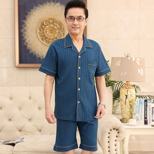 雅鹿中老年爸爸妈妈情侣纯棉睡衣男女夏季短袖七分裤夏天开衫家居服 单女N9871 M 单女[建议80-95斤]