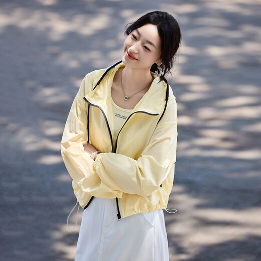 
Shangdubila contrast drawstring hooded sunshade thin coat for women in summer long-sleeved loose slim top commuter jacket