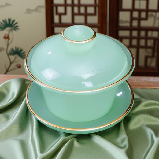 Richunliu high-end sky blue Ru kiln gilt jade porcelain Kung Fu tea set light luxury gift suet jade bowl gift box Ru Qing jade porcelain tea set gift box 10 pieces