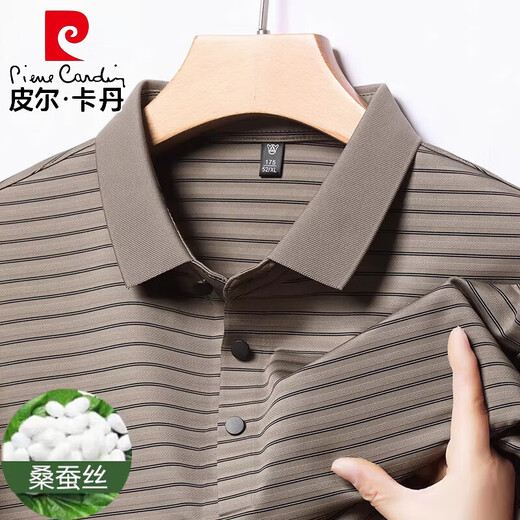 皮尔卡丹（pierre cardin）夏季中年男士桑蚕丝短袖t恤翻领条纹爸爸装体恤polo衫 H9866灰色 M 165 推荐90-120斤