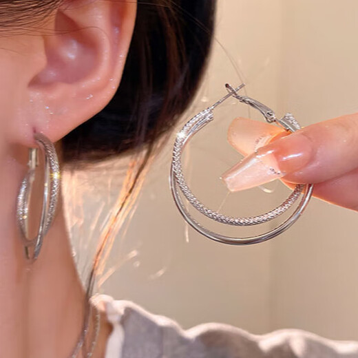 Fan Shengyu Su hoop double hoop large earrings for women 2025 new high-end simple and atmospheric earrings fashionable face-showing small earrings double hoop earrings - silver