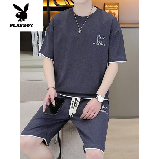 Playboy (PLAYBOY) high-end casual sports suit for men's summer shorts with breathable T-shirt for men's summer teenagers [Set] 6182 White L (recommended 115-135Jin [Jin equals 0.5 kg])
